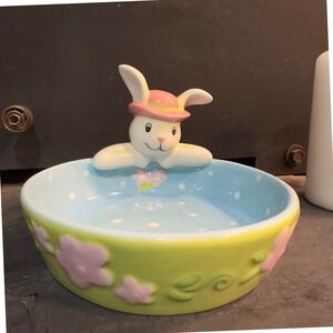 Deco Ceramic Easter Bunny Candy Dish Trinket Bowl Pastel Flowers
